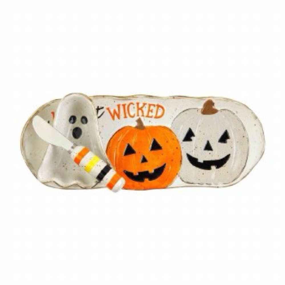 NWT Mud Pie A Wee Bit Wicked Halloween Dip and Tray Set Pumpkins/ Ghost Bowl